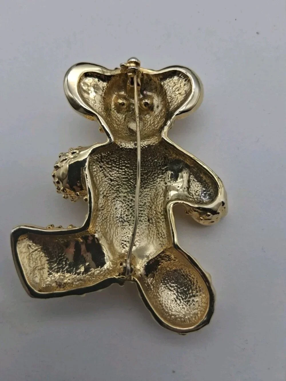 Vintage Teddy Bear Brooch Pin Brushed Gold Rhinestone Crystal Chunky 1980s